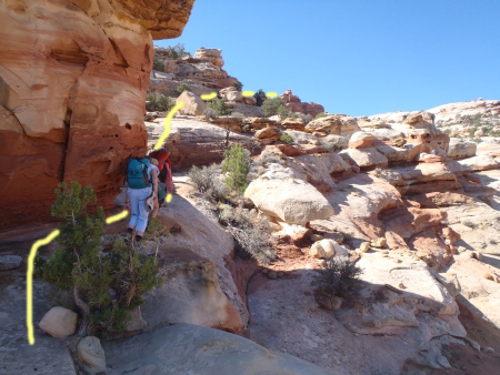 View of route up to the next higher shelf to continue toward Wife 4.