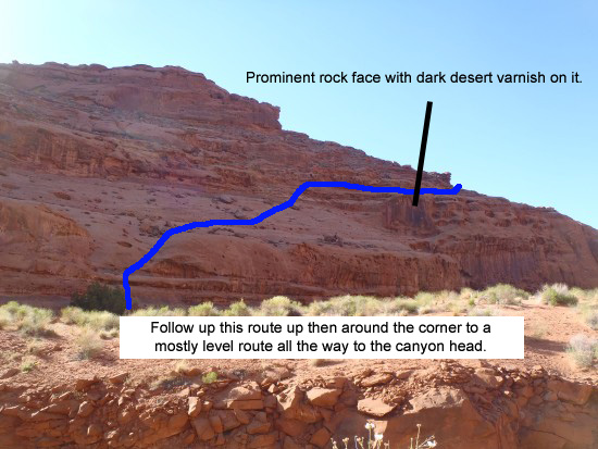 Line drawn to show route up the first climb.