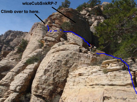 Diagram of the route up to the rock covered in light green lichen.